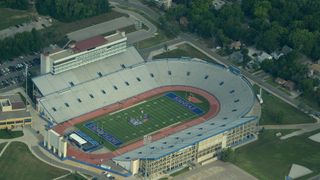 Live Climate-Focused Podcast ‘The Sweaty Penguin’ Will Record at KU (news). Photo by Credit: <a href="https://commons.wikimedia.org/wiki/File:Aerial_View_of_University_of_Kansas_Stadium_08-31-2013.jpg">Ichabod/Wikimedia Commons</a> <a href="https://creativecommons.org/licenses/by-sa/3.0/deed.en">CC BY-SA 3.0</a>